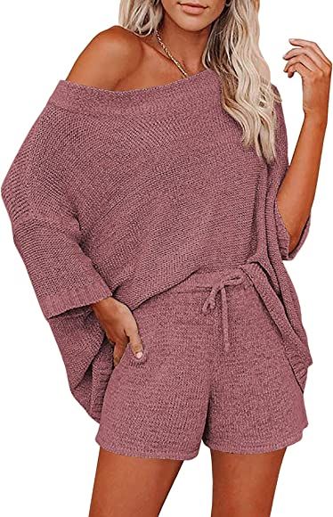 Ekouaer Women 2 Piece Outfits Sweater Sets Off Shoulder Knit Pajama Set 3/4 Sleeve Tops Drawstring W | Amazon (US)