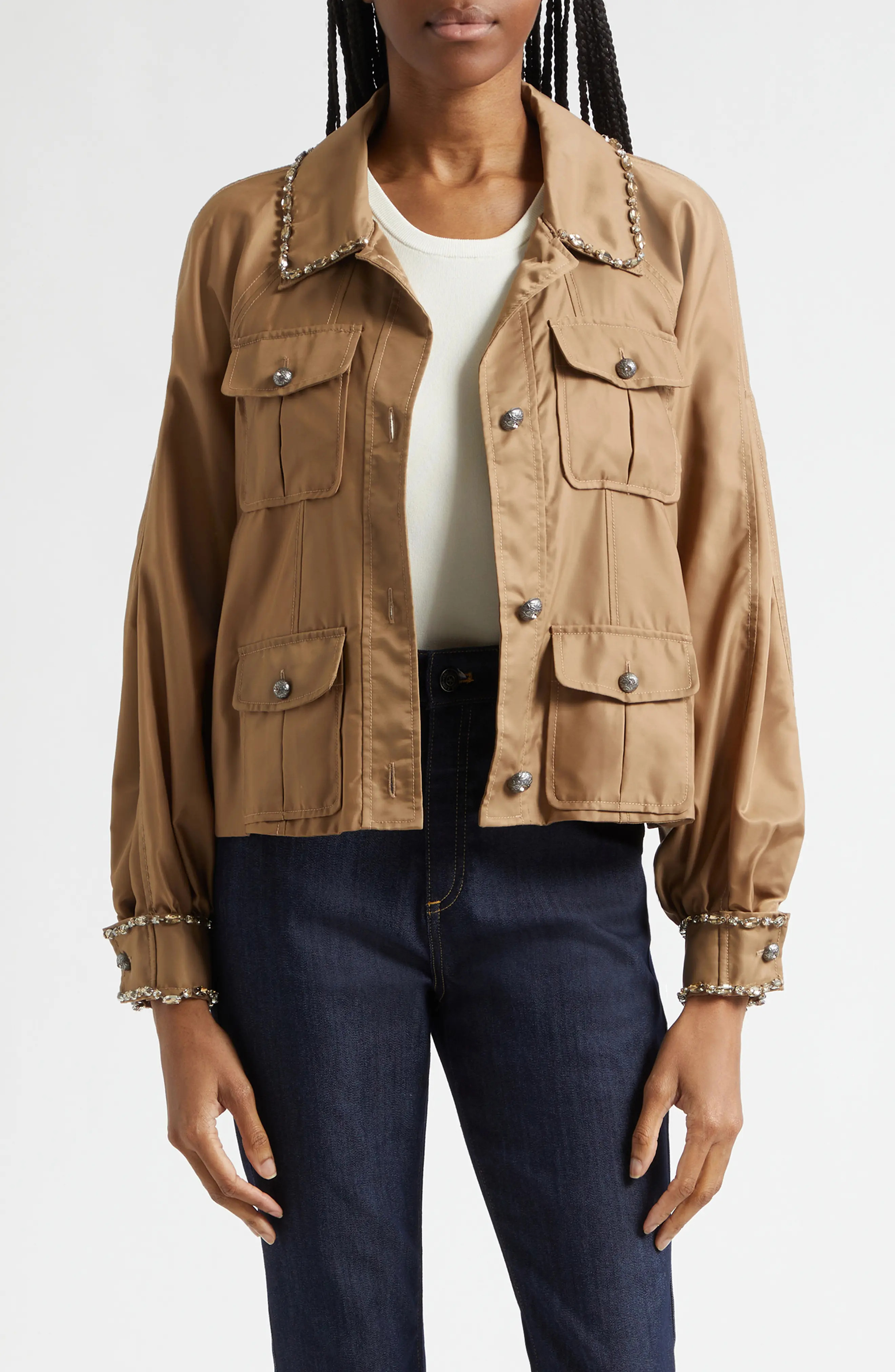 Cinq à Sept Adami Rhinestone Detail Jacket in Brown Sandstone at Nordstrom, Size X-Large | Nordstrom