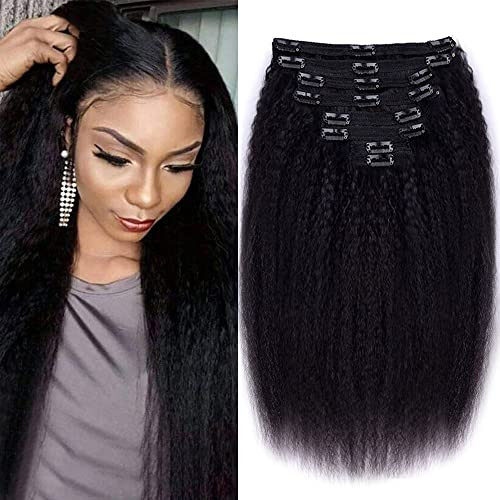 CanaryFly Kinky Straight Clip in Hair Extensions for Black Women Full Head Brazilian Virgin Human Hair Natural Black Color,8/Pcs with 18Clips,120 Gram (18inch, Kinky Straight) | Amazon (US)