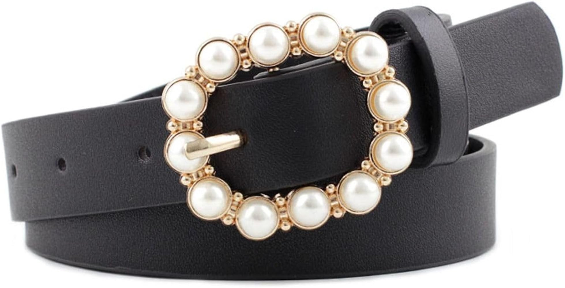 Women's Skinny Belt Faux Leather Belt For Dress Jeweled Elegant Metal Buckle Fashion Winter Squar... | Amazon (US)