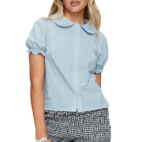Peter Pan Collar Button Down Shirts for Women Solid Doll Neck Short Puff Sleeve Preppy Blouse Babydoll Tees (Blue, S) | Amazon (US)