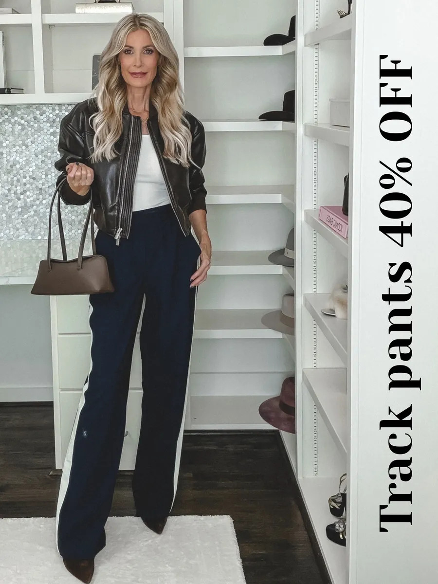 🚨 SALE ALERT! These fabulous navy blue track pants are 40% OFF and they are the perfect mix of comfort and chic! I love how elevated they feel while still being incredibly easy to wear. I paired them with this chic faux leather bomber jacket and the most comfortable chocolate brown suede pointy-toe wedges from Dolce Vita. The combination makes this look feel casual and effortless, yet still incredibly stylish and put-together. 🤎 FIT DETAILS: Track pants: XS Regular Jacket: XS 

 

#LTKgrwm #LTKdayinmylife #LTKOver40