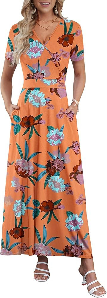 AUSELILY Women's Summer Maxi Dress Short Sleeve Floral Print Bohemian V Neck with Pockets | Amazon (US)