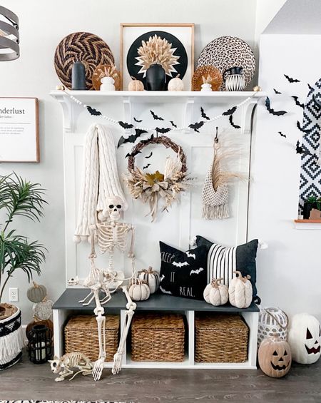 Halloween time October is here this weekend🦇 break out the bats and skeletons friends don’t  forget your Jack 9’ Lanterns too 

Halloween decor • neutral Halloween decor • bohemian decor • neutral decor • fall decor 

#halloweendecor #bats #skeletons #mudroom #jackolanterns 

#LTKSeasonal #LTKhome #LTKHalloween