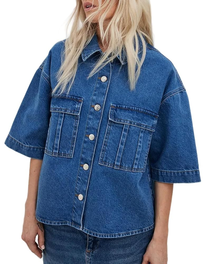 Kedera Womens Button Down Denim Shirts Casual Shirt Casual Collared Short Sleeve Western Pocket C... | Amazon (US)