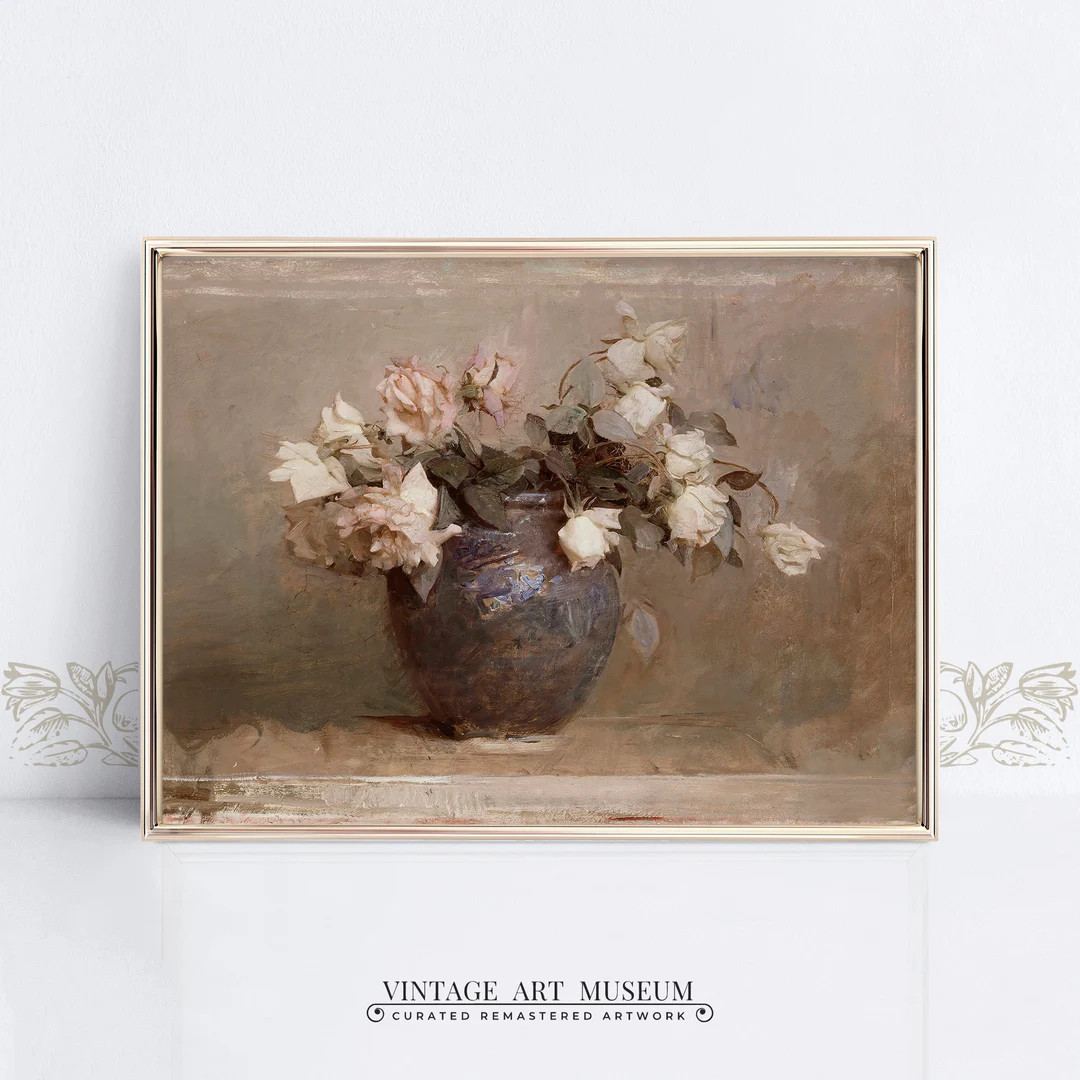 White Pink Roses Antique Oil Painting Vintage Print Still - Etsy | Etsy (US)