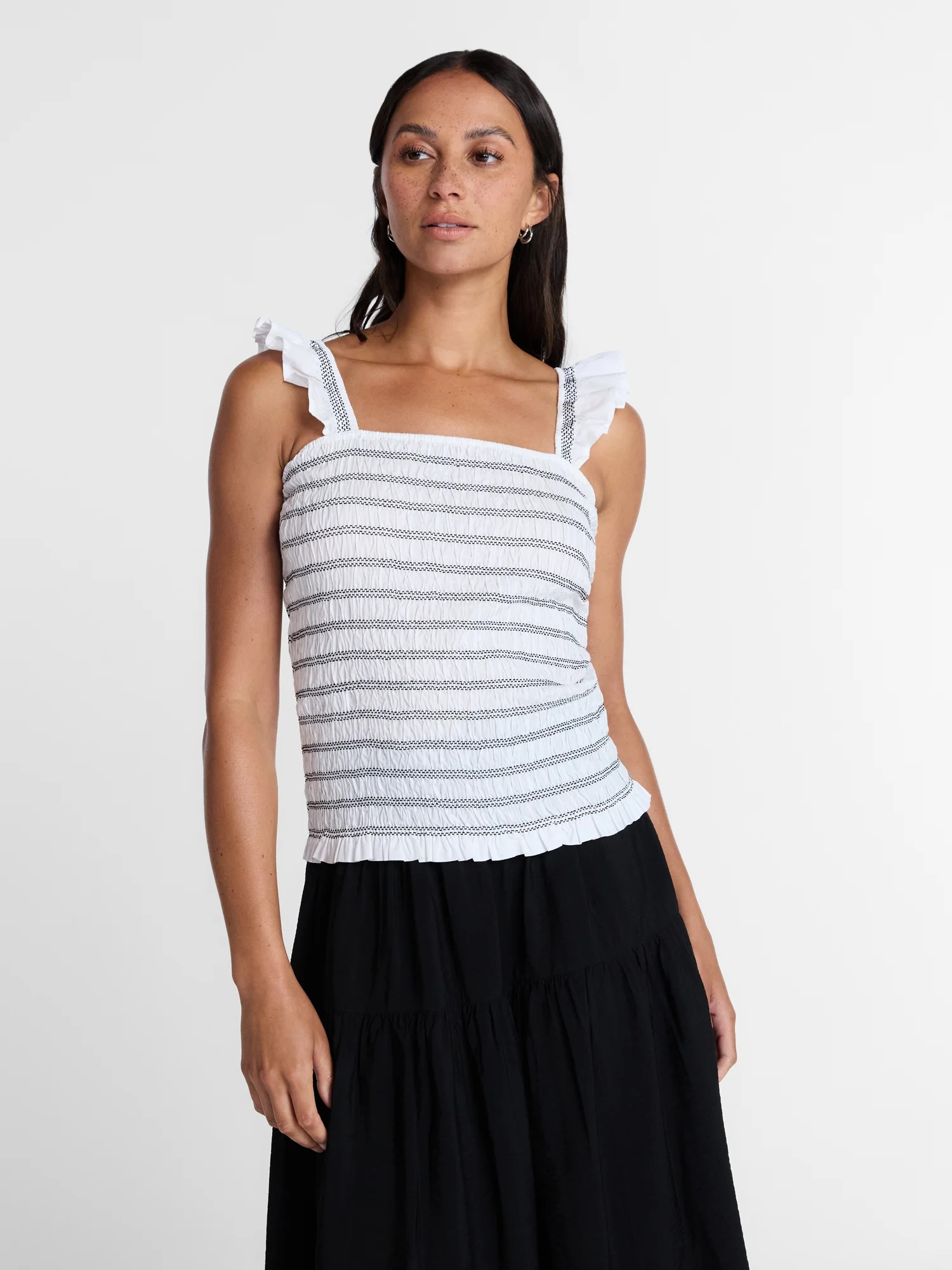 Time and Tru Women's Smocked Cotton Tank Top with Ruffle Straps, Sizes XS-XXXL | Walmart (US)