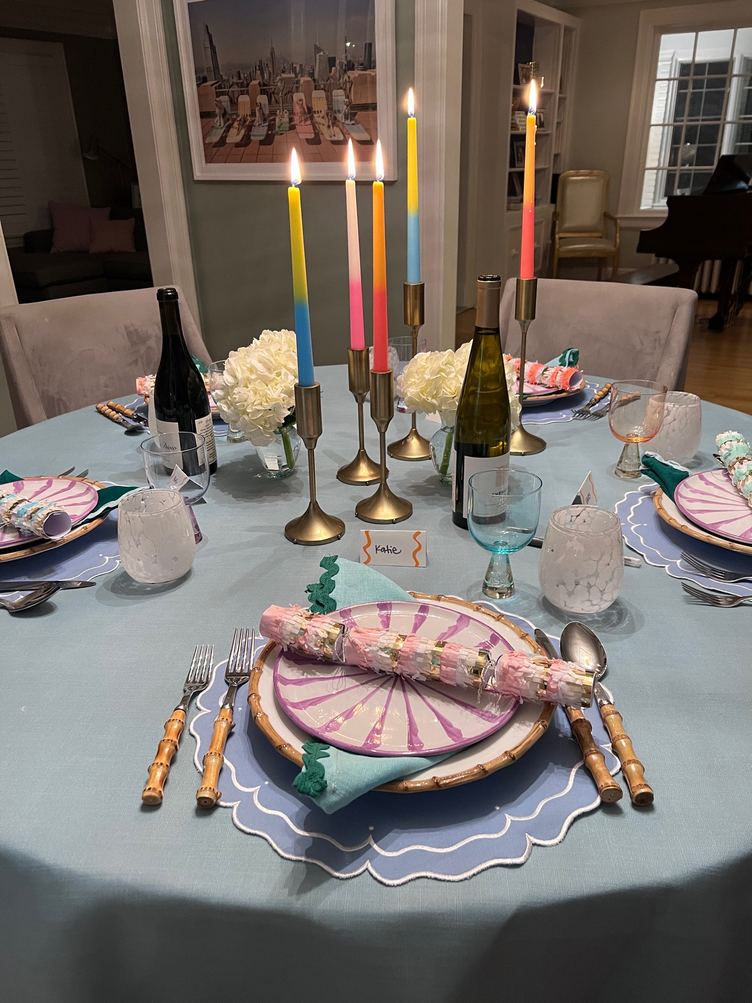 Dinner party table scape 

#juliska #onlyontheavenue #tapercandles #bambooflatware #bambooplates 