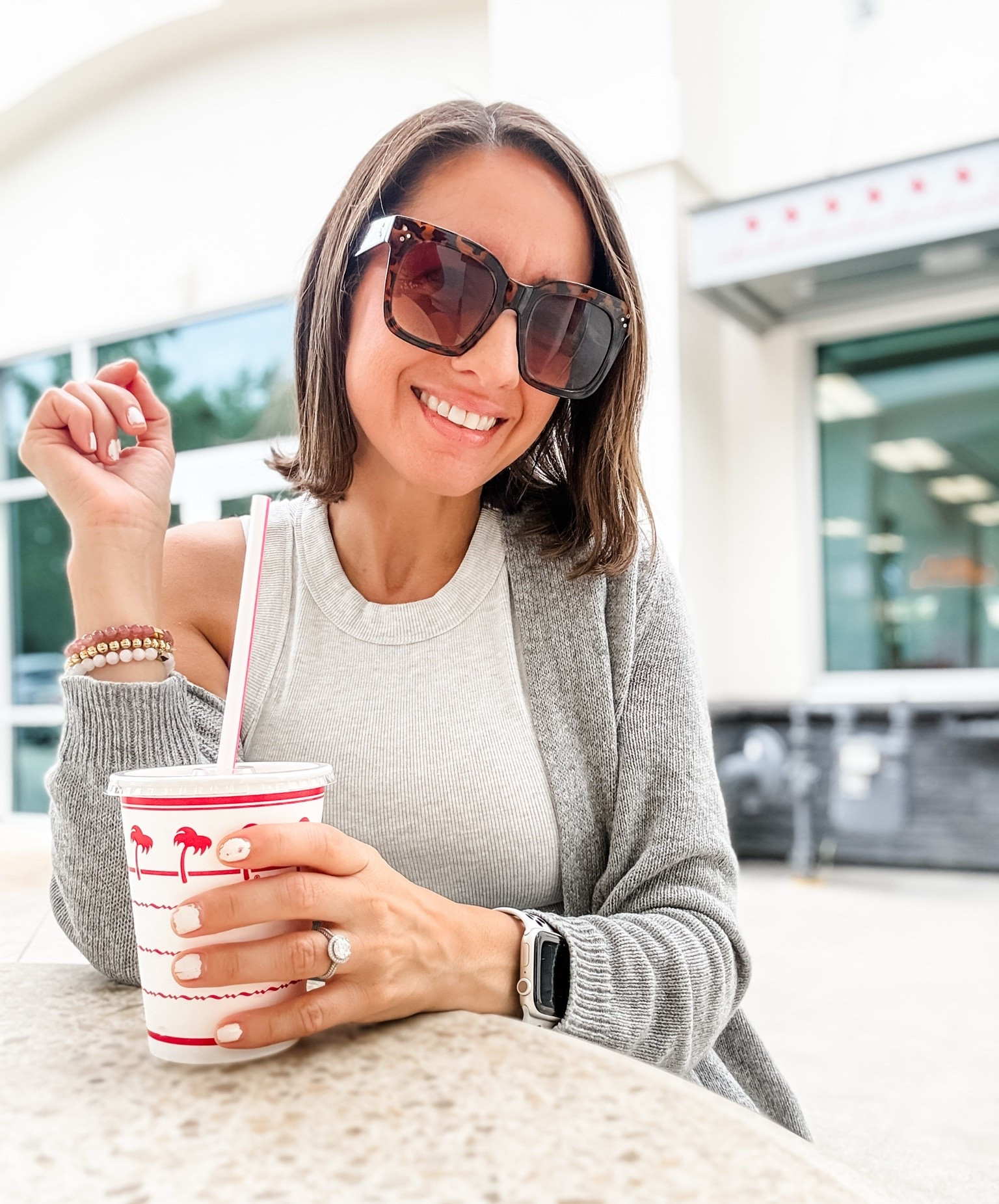 In and Out Burger 🍔 plus cute casual comfy style. 
Grey cardigan is a Nordstrom find. I’ll share a few similar options. 
Grey tank top is an Old Navy find. Love the fit. Runs true to size. 
Levi’s jeans. 
Tortious shell sunglasses.

#LTKootd #LTKOver40 #LTKPetite