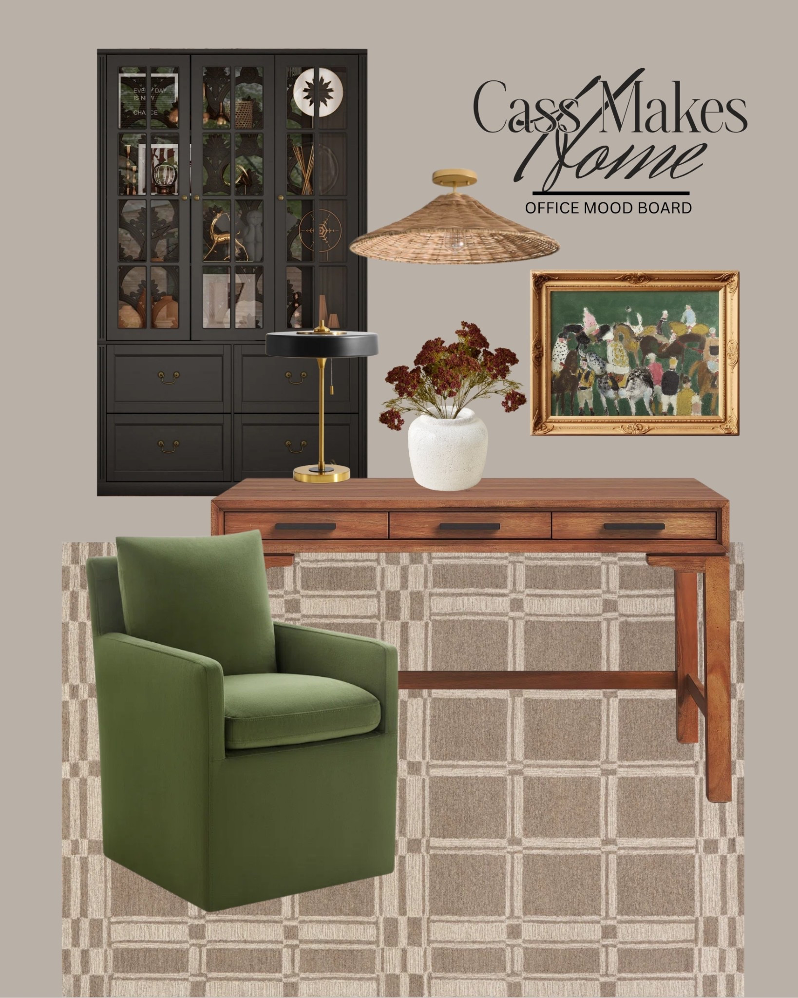This week’s Monday Mood Board is a comfy cozy little office. It’s warm, layered, and full of pieces that would make me want to come sit in my office!

I started with this timeless, warm wood desk. Then I added this upholstered green swivel chair. I love the pop of color! And it looks soooo comfy. Behind the desk, this black glass-front cabinet adds major storage (always a win) but also looks like a styled display piece on its own.

This woven rattan pendant light adds the perfect amount of texture overhead, while the brass-and-black table lamp brings in that modern touch - I love the contrast. The neutral plaid rug keeps the whole room feeling cozy and ties everything together.

I loooove finding prints on Etsy and I fell in love with this vintage horse print!

fall decor, living room, armchair 

#LTKStyleTip #LTKFamily #LTKHome