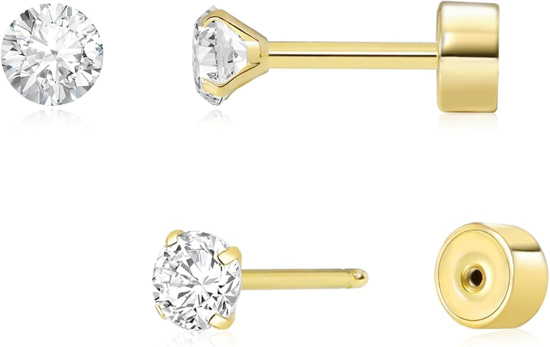 Threadless Flat Back Earrings, Hypoallergenic 14K Real Gold Plated CZ Stud Earrings | Cartilage E... | Amazon (US)