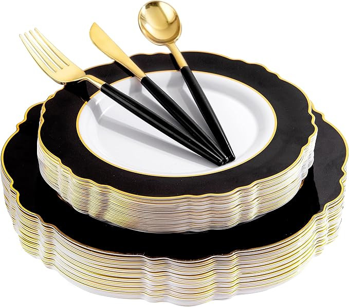 WDF 30Guest Black and Gold Plastic Plates - New Year Plates - Gold Plastic Silverware With Black ... | Amazon (US)