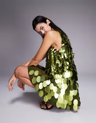 ASOS DESIGN dropped slouchy waist embellished mini dress in green | ASOS (Global)