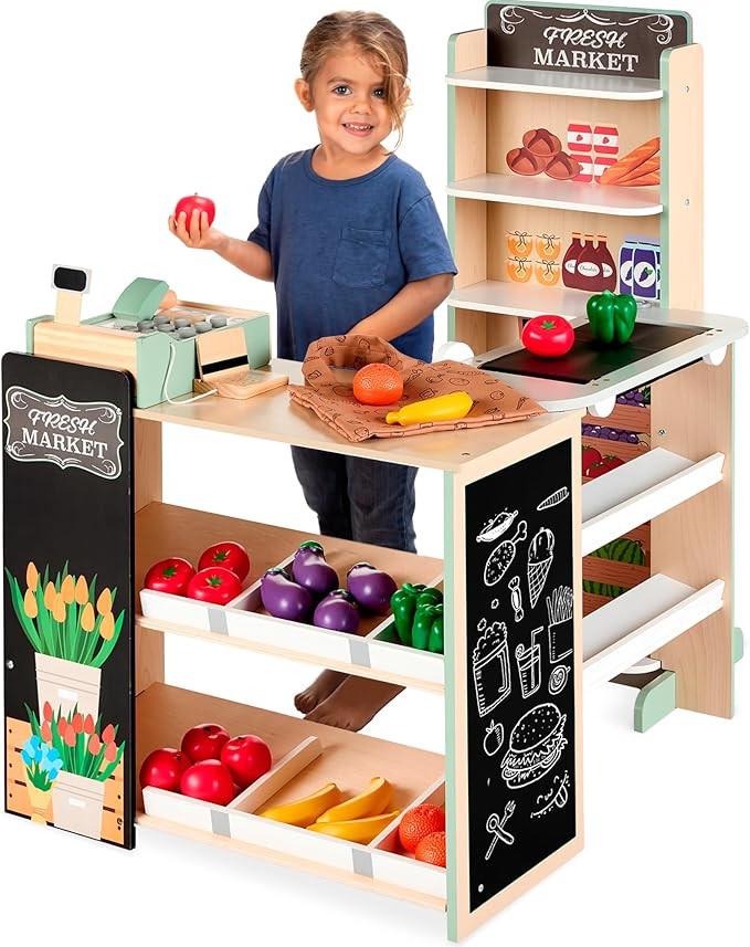 Best Choice Products Pretend Play Grocery Store Wooden Supermarket Toy Set for Kids w/Play Food, ... | Amazon (US)