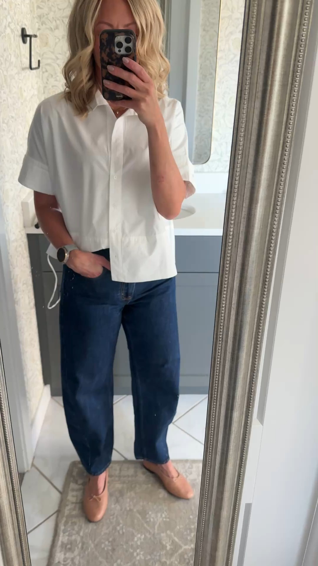 Photoshoot day! Still living in these Gap barrel jeans. Added a white button down and flats for an easy classic look. 

This Julia Amory top is on sale but I also found a super similar one at BR Factory. I tried it on in stores and it’s so good! 