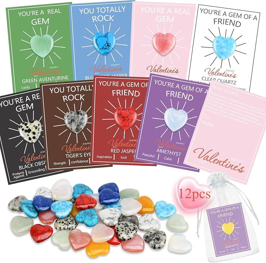 12 Pack Valentine’s Day Gifts for Kids, Valentine’s Day Cards with Heart-Shaped Crystal Gemst... | Amazon (US)
