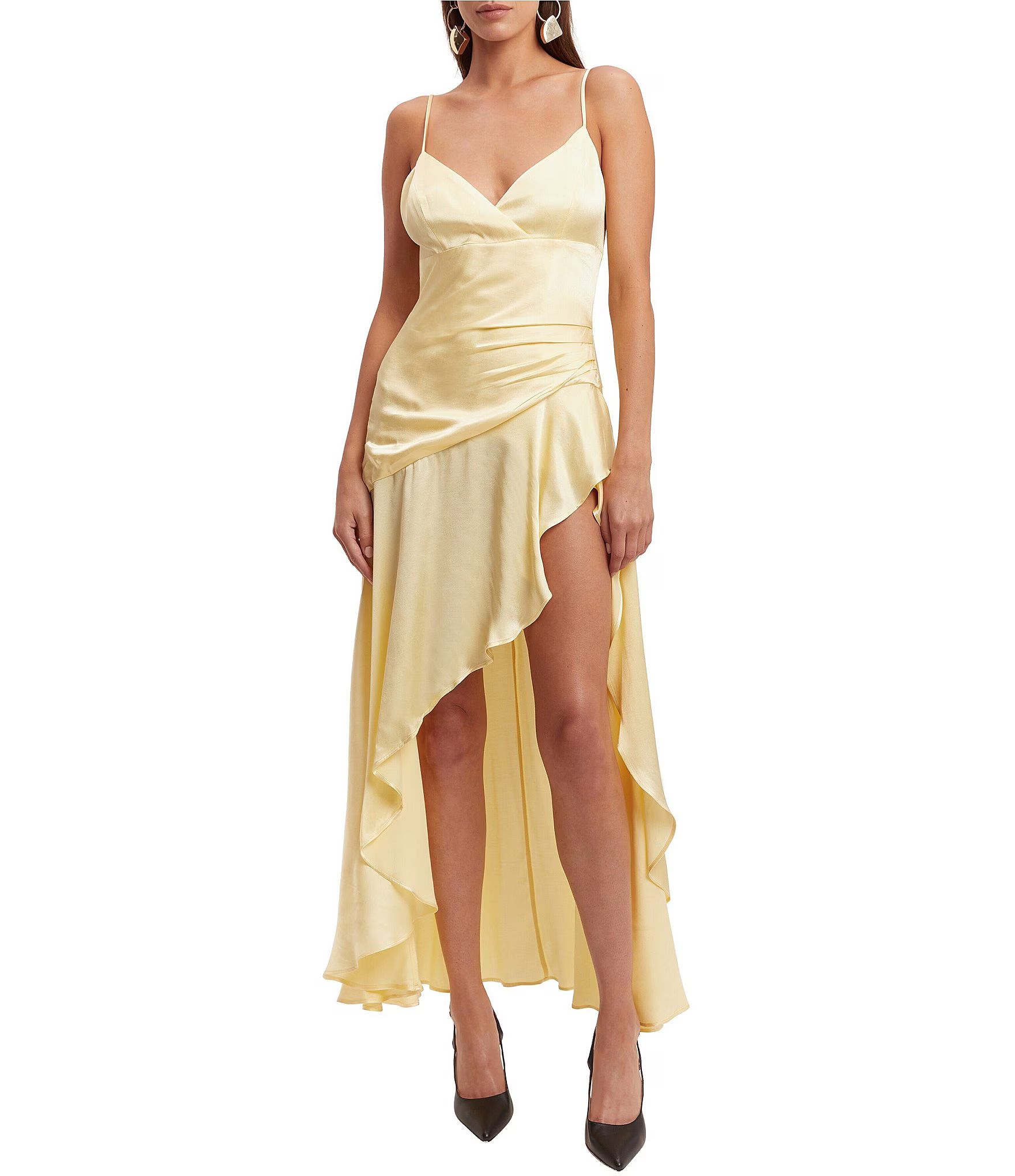 V-Neck Spaghetti Strap Thigh-High Slit Asymmetrical Hem Dress | Dillard's