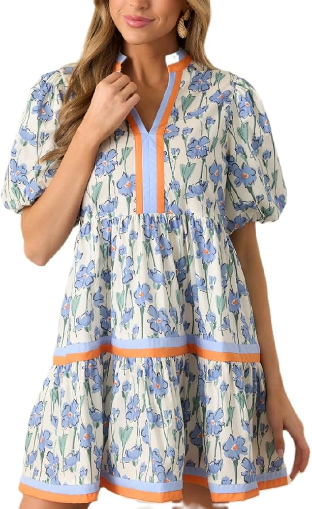 Lordree Women Boho Ruffle Sleeve Mini Dress Summer Trendy Floral Print Short Sleeve V Neck Cute B... | Amazon (US)