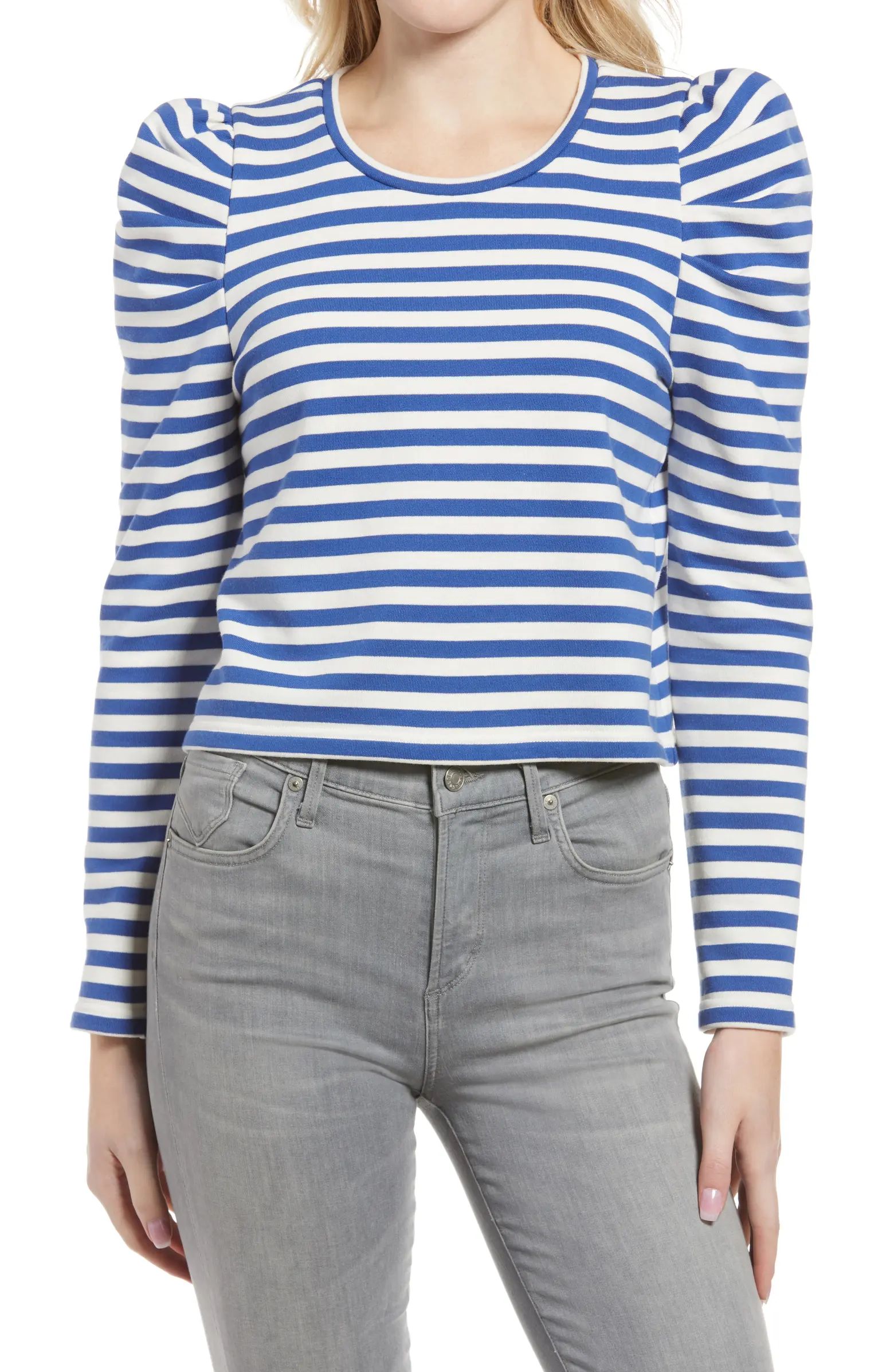 Talia Stripe Crop Puff Sleeve Cotton Sweatshirt | Nordstrom