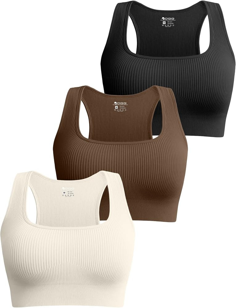 OQQ Women's 3 Piece Medium Support Crop Tops Ribbed Seamless Removable Cups Workout Exercise Race... | Amazon (US)