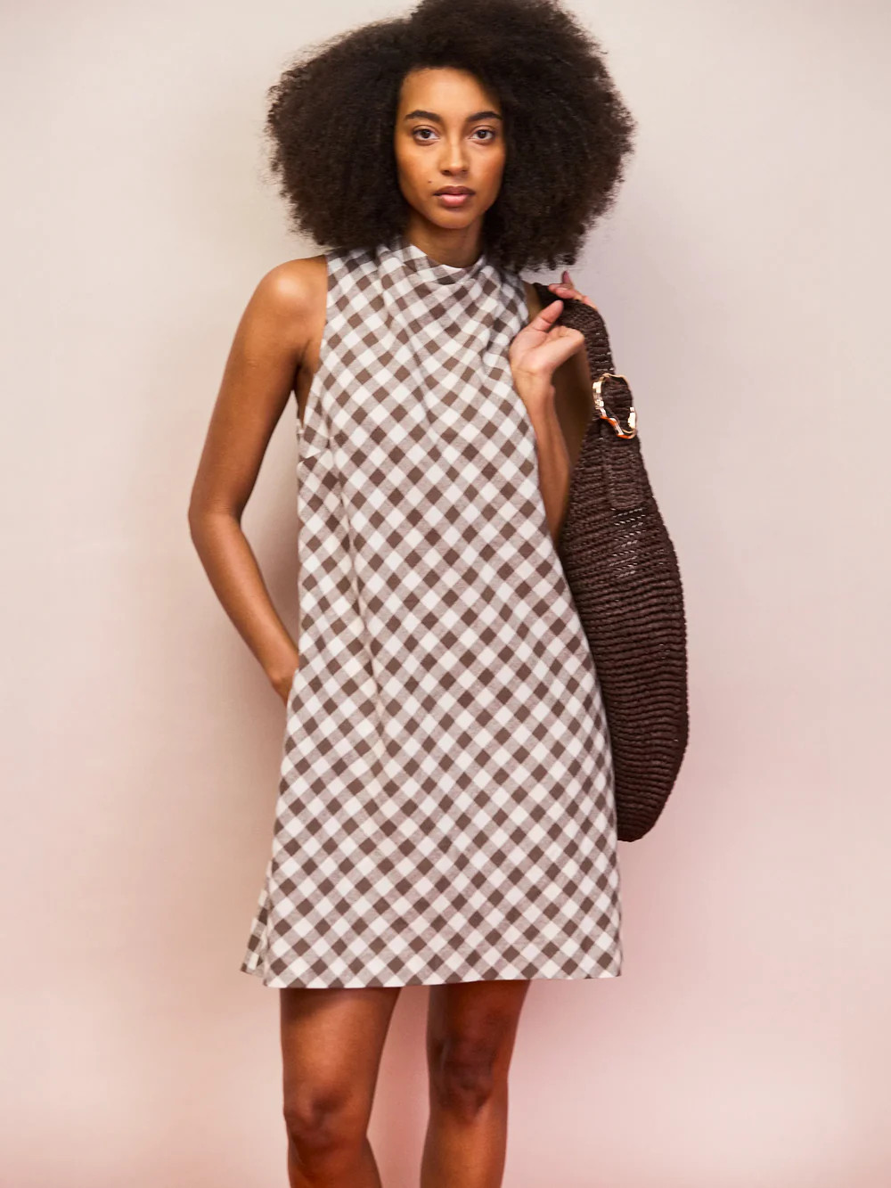 Petite Brown Gingham Linen Blend Cowl Neck Dress | Ro&Zo