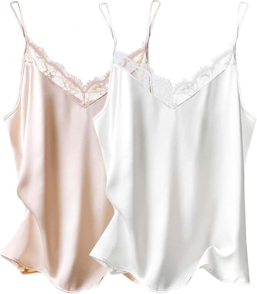Ekouaer Women's 2 PCS Cami Top Satin Tank Top Adjustable Spaghetti Strap Camisole | Amazon (US)