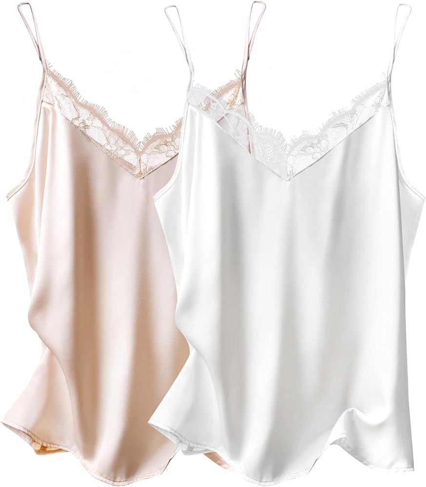 Ekouaer Women's 2 Packs Satin Silk Camisole Lace Top Spaghetti Strap Tank Tops Basic Cami Top S-3... | Amazon (CA)