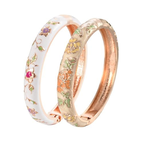 UJOY Fashion Cloisonne Bracelets Set Gold Plated Enameled Jewelry Spring Hinged Metal Cuff Bangles Gift Box Packed 55A82-55A113 White Yellow | Amazon (US)