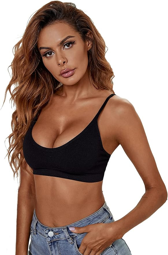 Verdusa Women's Scoop Neck Spaghetti Strap Seamless Bra Top Crop Bralette | Amazon (US)