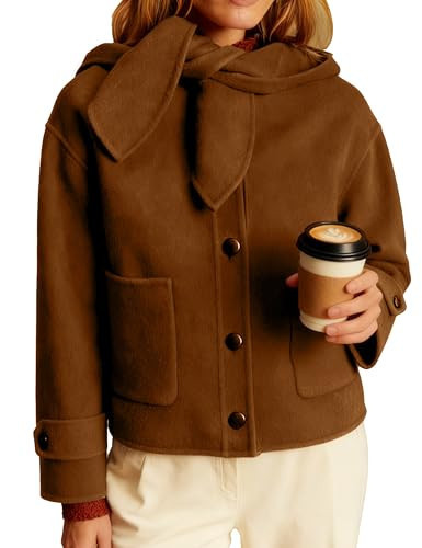 Ziqoty Women's Cropped Wool Blend Hooded Coat Elegant Bow Collar Jacket Single Breasted Casual Outerwear with Pockets(Coffee-XL) | Amazon (US)