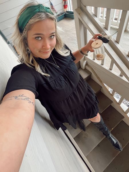 A simple black dress and knee-high cowgirl boots, topped off with an eye-catching emerald green headband. 


#LTKSeasonal #LTKstyletip #LTKworkwear