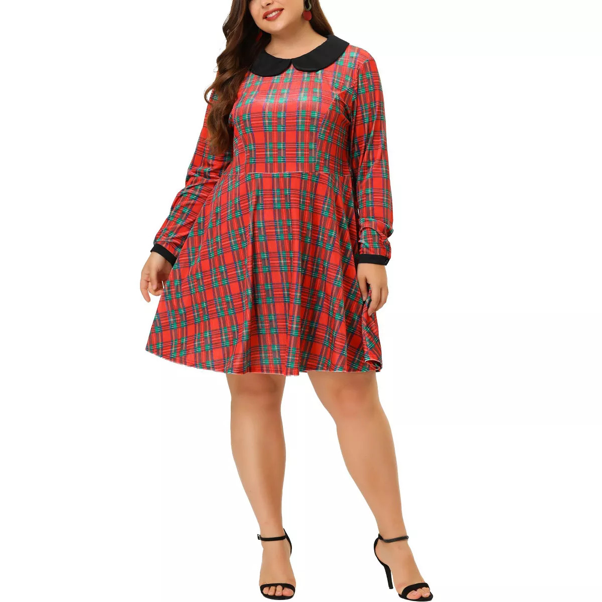 Agnes Orinda Women's Plus Size Long Sleeves Velvet Peter Pan Collar Plaid Dresses | Target