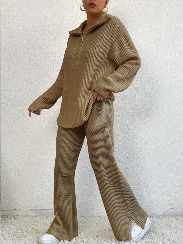 Quarter Zip Drop Shoulder Sweater & Knit Pants | SHEIN