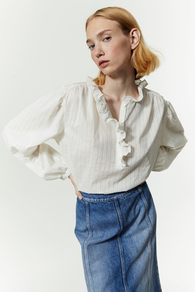 Ruffle-trimmed Pullover Blouse - Cream - Ladies | H&M US | H&M (US + CA)