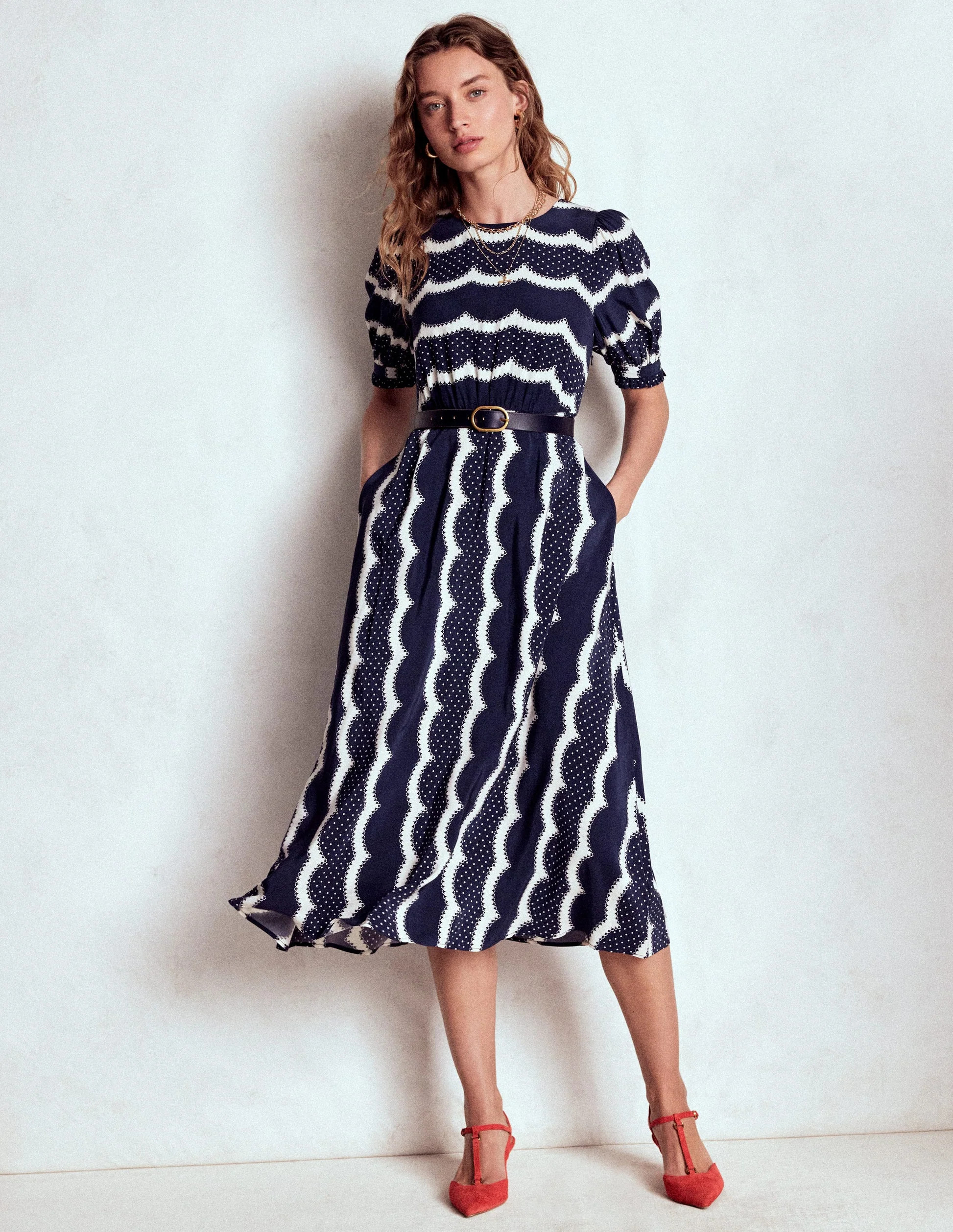 Blanca Midi Tea Dress-French Navy, Dainty Scallop | Boden UK