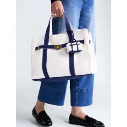 Free Assembly Women's Canvas Tote Handbag with Tote Charm, Natural with Navy | Walmart (US)