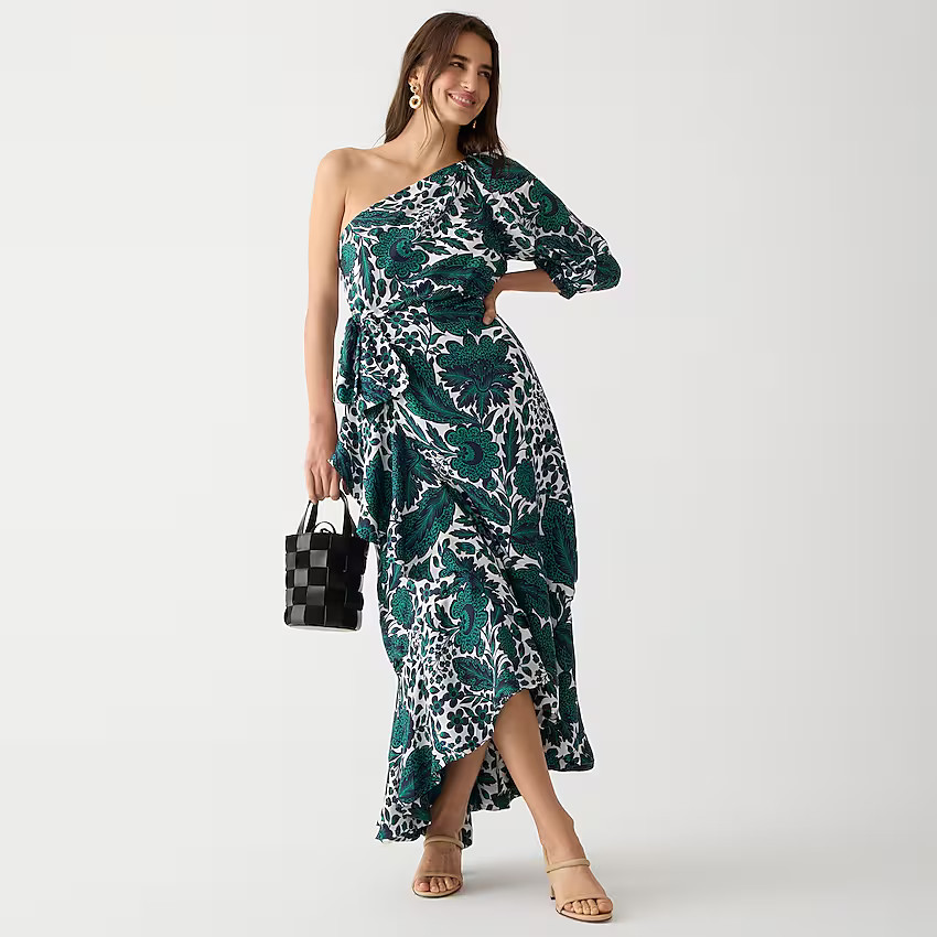 One-shoulder ruffle-hem dress in emerald floral | J. Crew US