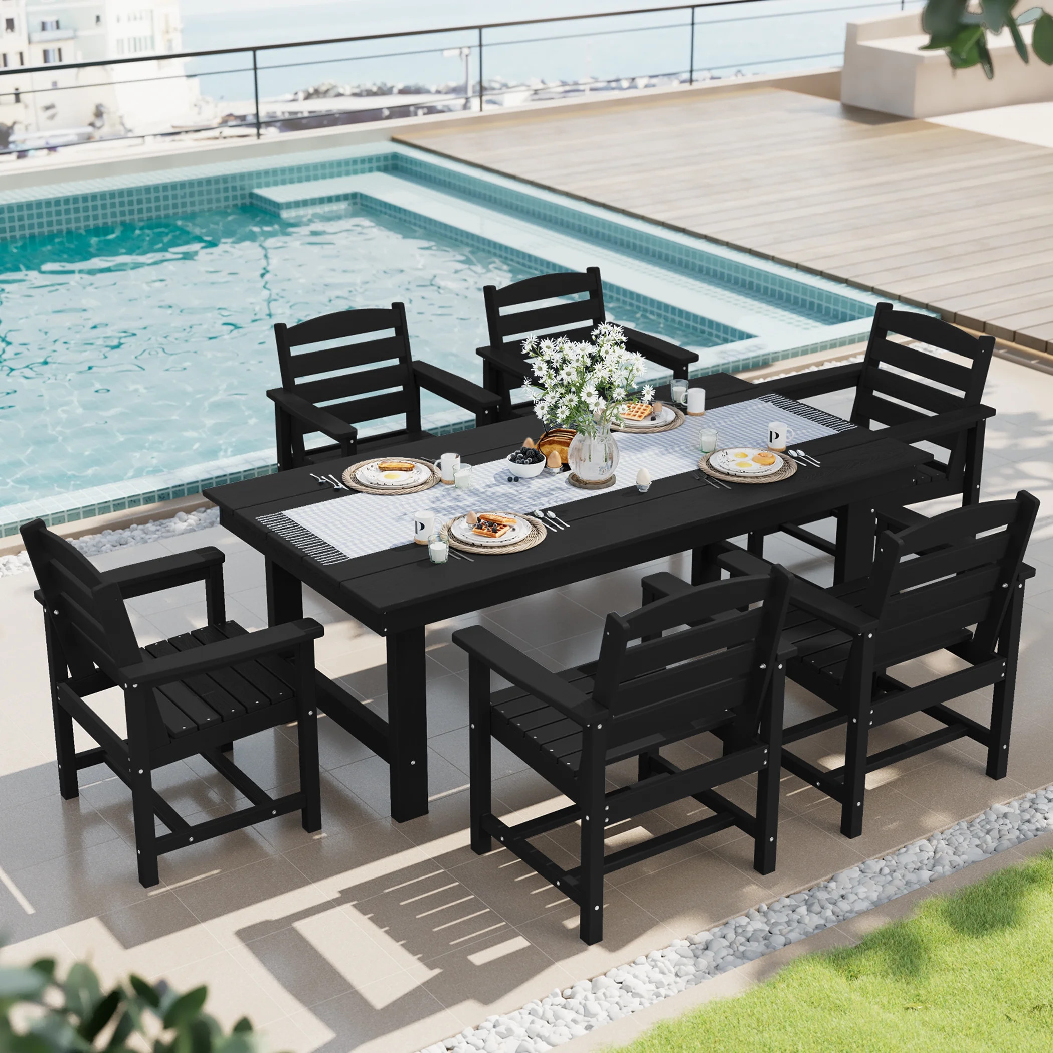 SERWALL Outdoor HDPE Dining Table Set, 7-Piece Outdoor Dining Table Sets with Umbrella Hole, Blac... | Walmart (US)