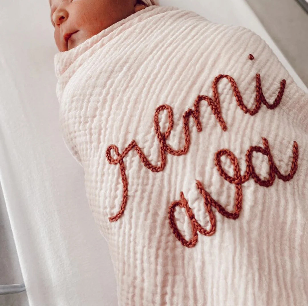 Personalized Hand Embroidered Baby Swaddle Blanket - Cotton Muslin | Etsy (US)