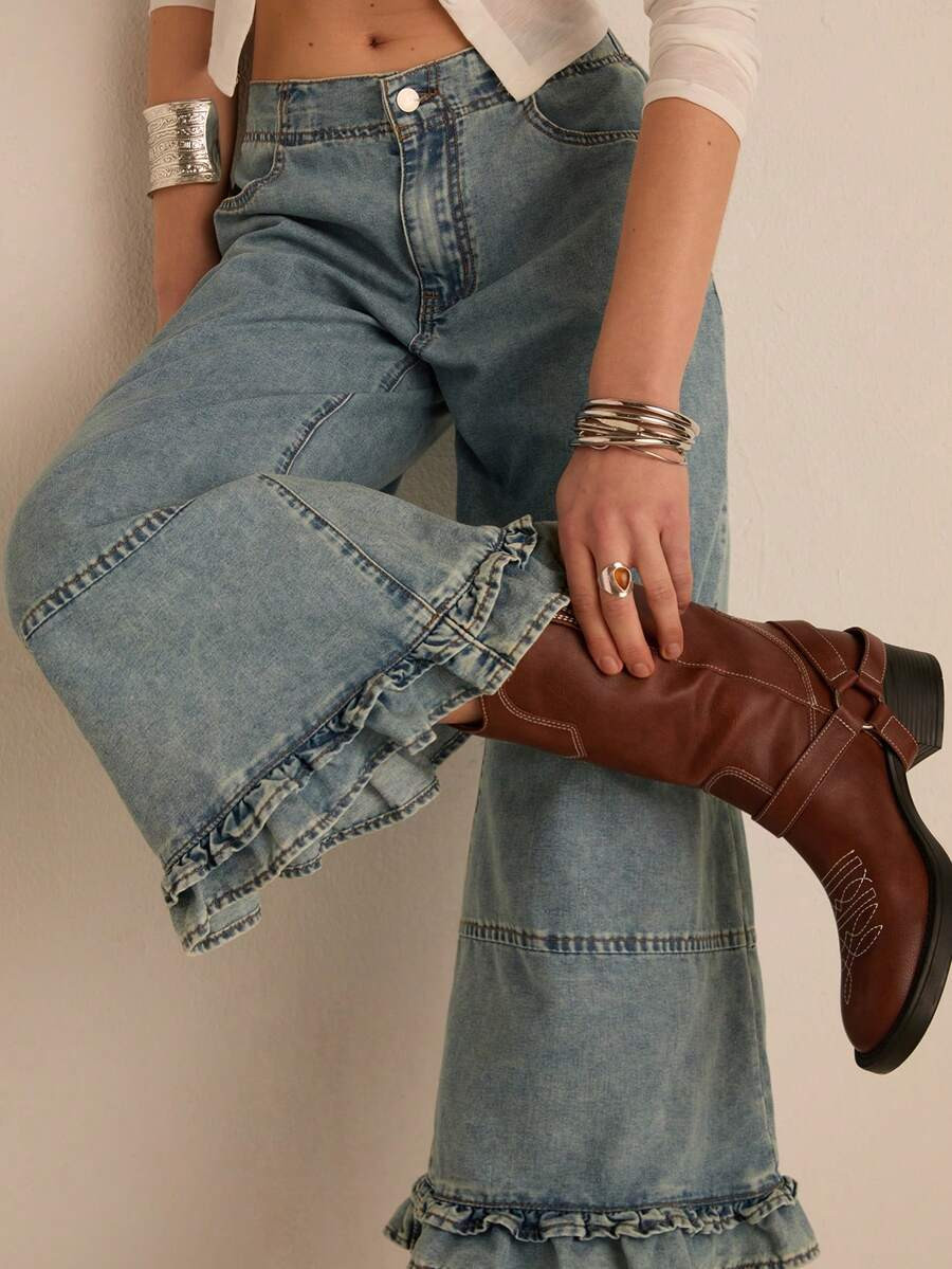 Easelle New Arrival Low Waist Playful Frill Trim Loose Wide Leg Cropped Jeans For Women Summer Country Concert Bohemia | SHEIN