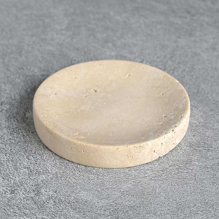 Small Travertine Jewelry Dish 4\u201d, Natural Beige Stone Trinket Tray for Rings Earrings Neckla... | Amazon (US)