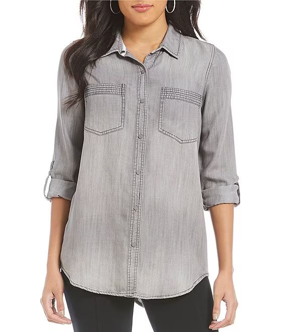 Long Roll-Tab Sleeve Button Front Slub Lyocell Shirt | Dillard's