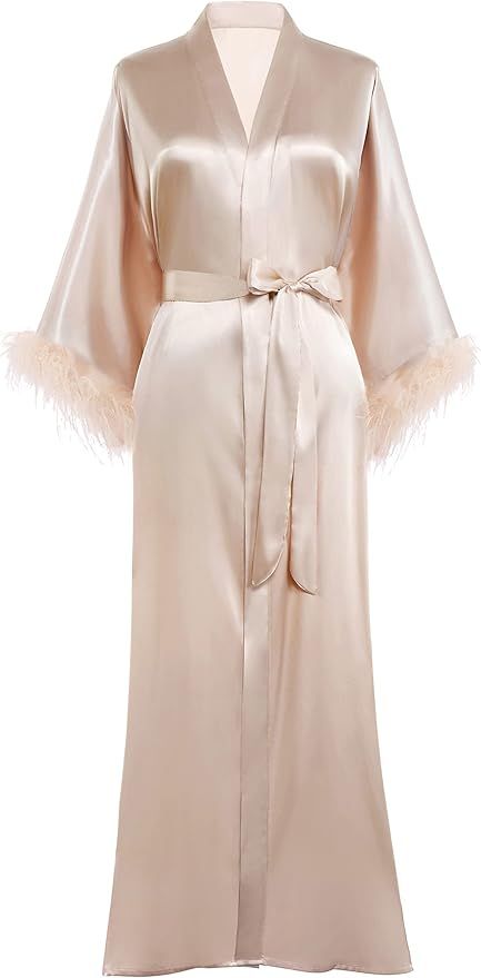 PRODESIGN Satin Kimono Robe Long Silky Bath Robe with Ostrich Feather Trim Sleepwear Wedding Brid... | Amazon (US)