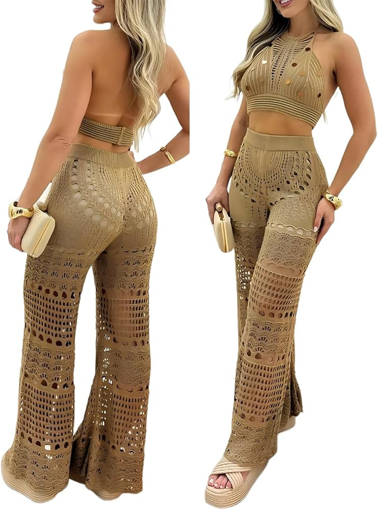 ChicMe Womens Crochet Cover-ups 2 Pieces Halter Sleeveless Crop Top and Casual Hollow-out Loose F... | Amazon (US)
