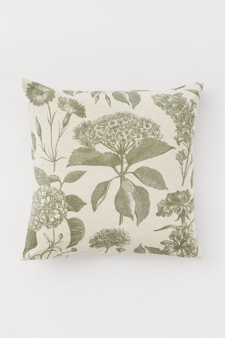 Patterned cushion cover in woven organic cotton fabric with linen content. Concealed zipper at on... | H&M (US)