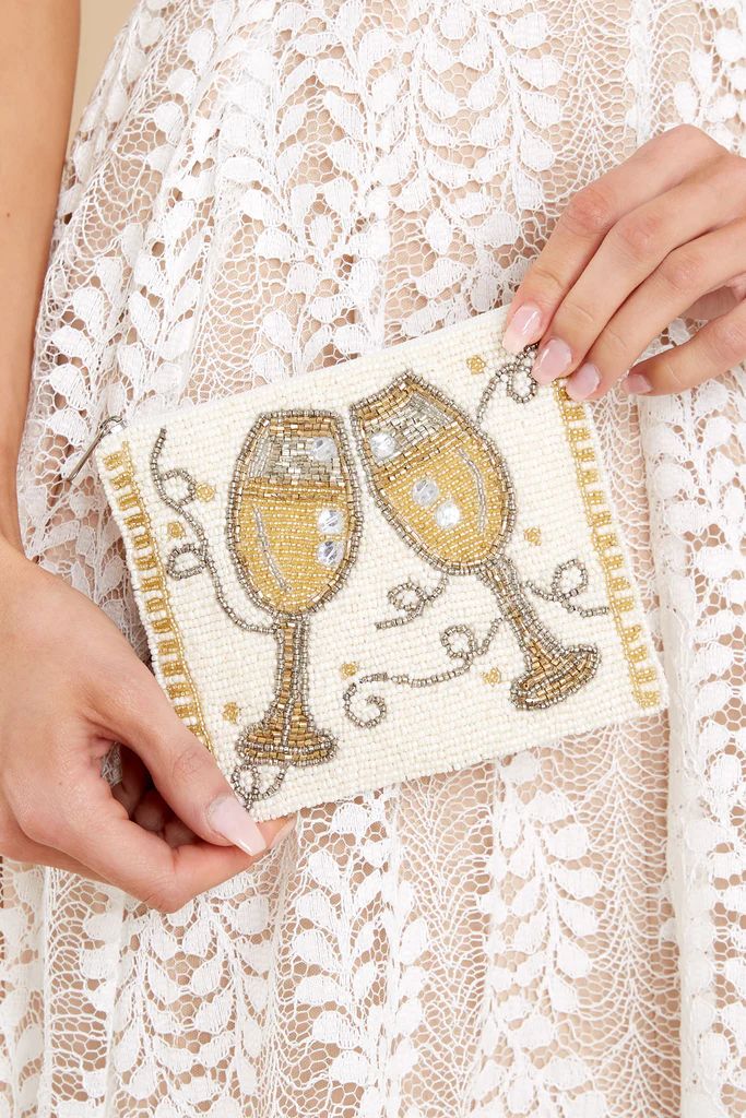 Cheers Baby White And Gold Beaded Pouch | Red Dress 