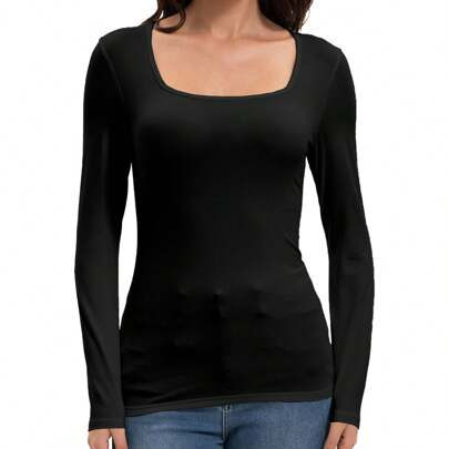 Women's Sexy Square Neck Shirt Long Sleeve Tees Fitted Going Out Tops | SHEIN