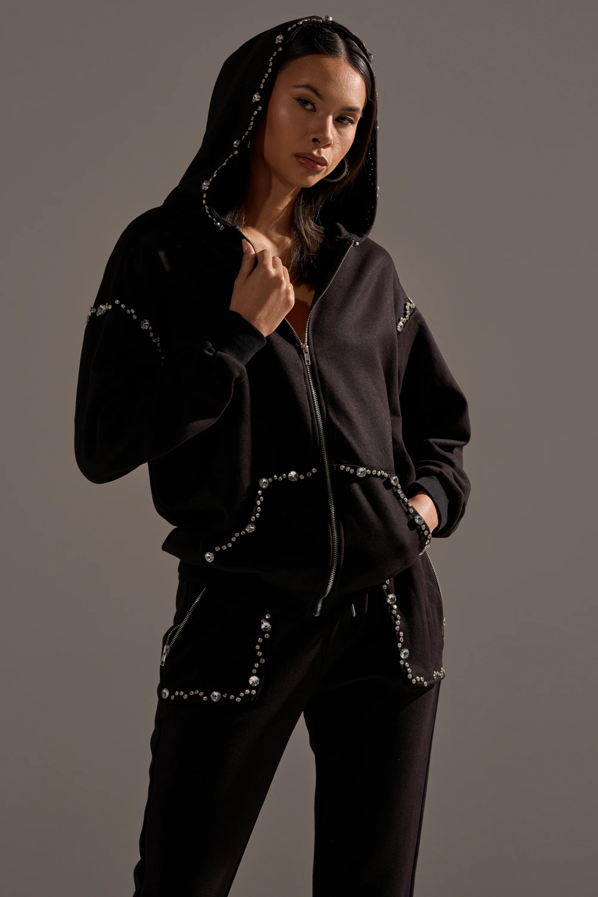 COZY HOLIDAY RHINESTONE ZIP UP SWEATSHIRT IN BLACK | AKIRA