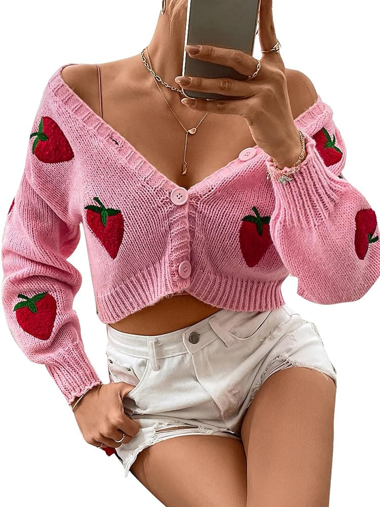 MakeMeChic Women's Strawberry Print Long Sleeve V Neck Sweater Drop Shoulder Crop Cardigan | Amazon (US)