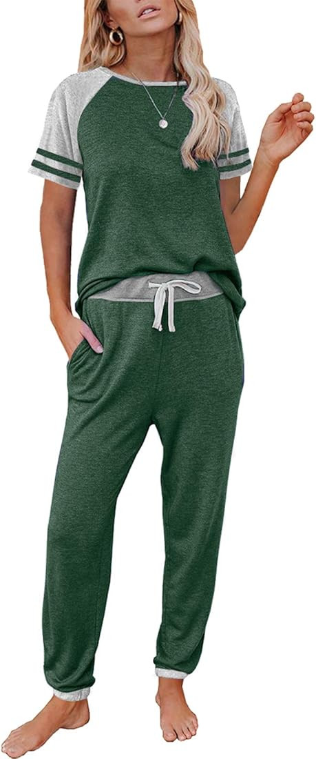 AUTOMET Lounge Sets For Women Two Piece Outfits Loungewear Short Sleeve Crewneck Jogger Pajama Se... | Amazon (US)